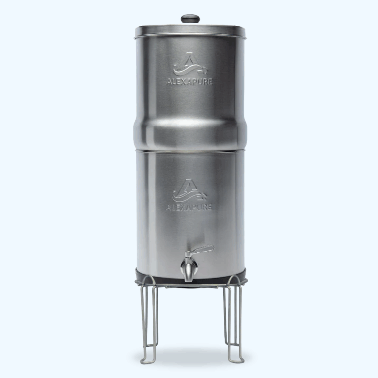 Stainless steel gravity water filter with a spout and stand, featuring the Alexapure logo on both the upper and lower chambers.