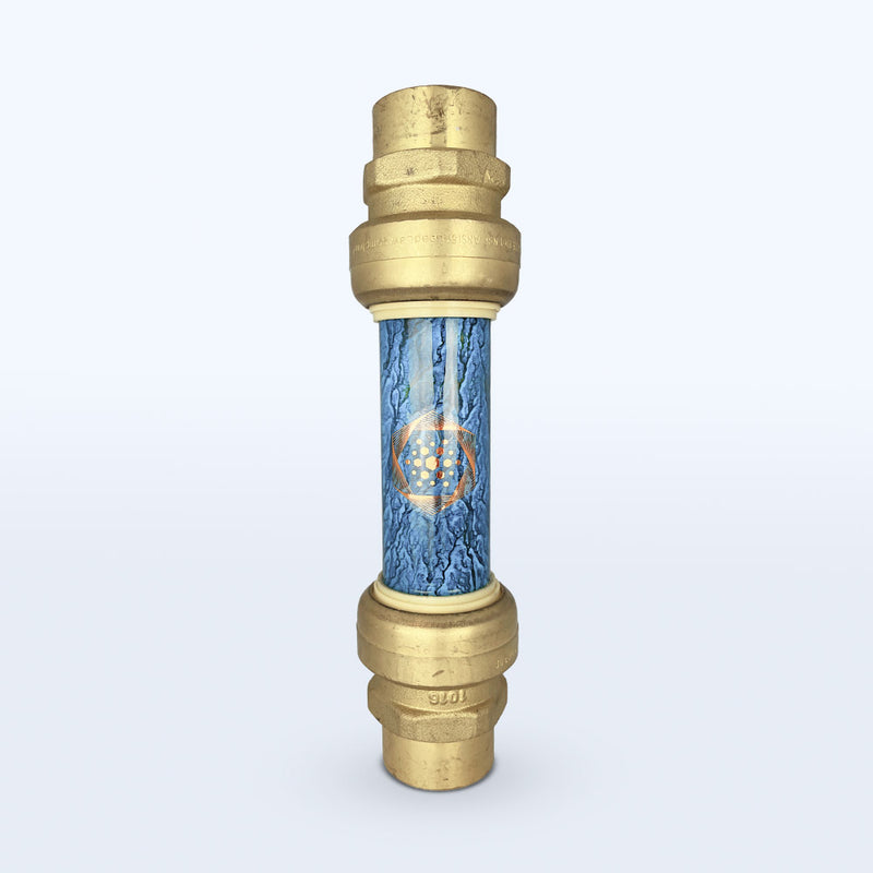 The Aqua Energizer Pivot Structured Water Device by Aqua Energizer features a brass fitting with a transparent midsection showing a blue water-like pattern and an orange geometric design—perfect for any irrigation system or structured water setup.