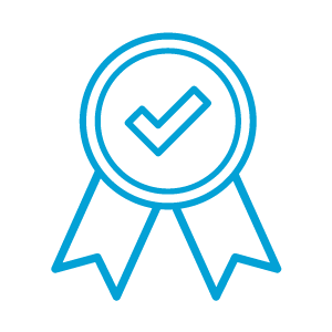 Blue outline of a ribbon with a checkmark in the center, symbolizing certification, approval, or achievement, on a light gray background.
