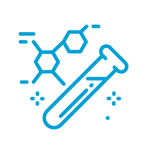 Blue line drawing of a test tube next to a molecular structure, representing scientific research or chemical analysis on a plain background.
