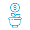 Blue line drawing of a potted plant with a coin featuring a dollar sign above it, symbolizing financial growth or investment.