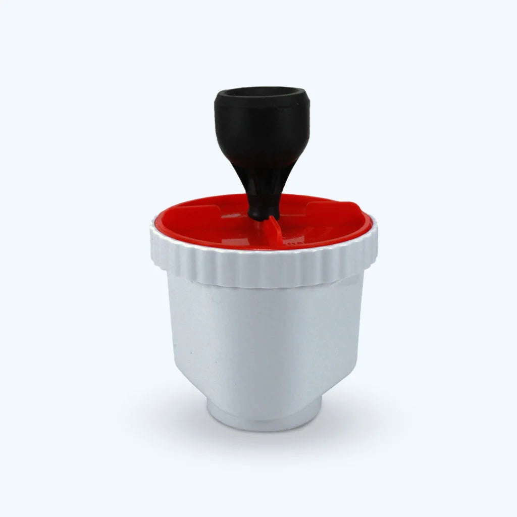 The Best Water Pitcher Ever Filter Replacement by Best Water Pitcher Ever is a white plastic container with a red lid and black funnel-shaped spout, designed for effective fluoride removal, shown against a plain light background.