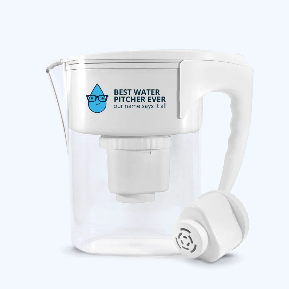 The Wellness Enterprise Best Water Pitcher Ever Offer is a white plastic pitcher with a filter and logo, featuring a detachable filter that removes fluoride for cleaner, safer drinking water.