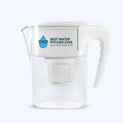 The Wellness Enterprise’s Best Water Pitcher Ever Offer is a white pitcher with handle, blue drop graphic, and built-in advanced filtration system—its name says it all.