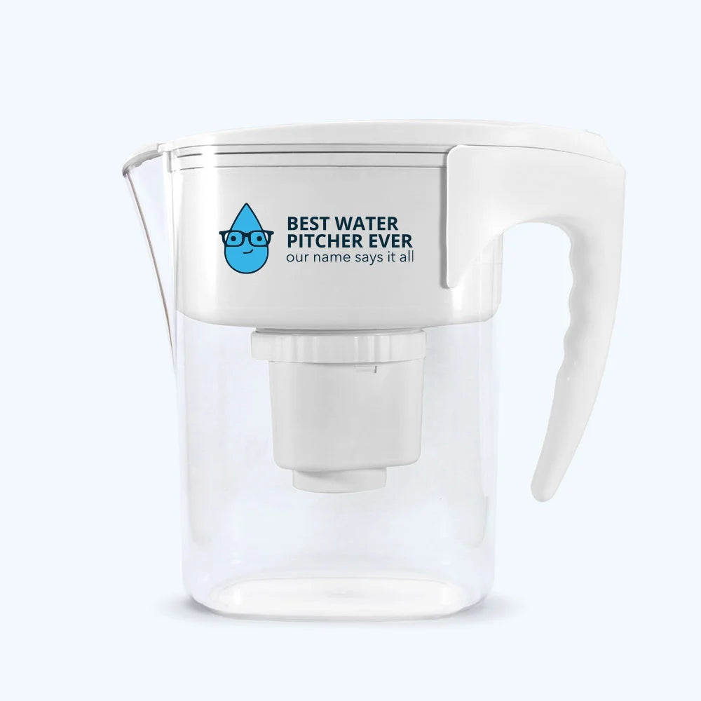 The Wellness Enterprise’s Best Water Pitcher Ever Offer is a white pitcher with handle, blue drop graphic, and built-in advanced filtration system—its name says it all.