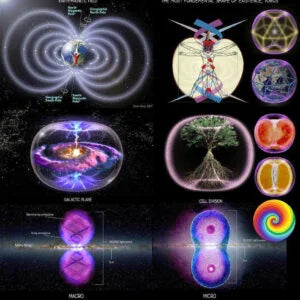 A collage of diagrams for Cosmic Tower Bundles by Cosmic Tower, featuring toroidal fields, geometric patterns, a tree, spirals, and galaxies to illustrate energy flow and harmonization at all levels.