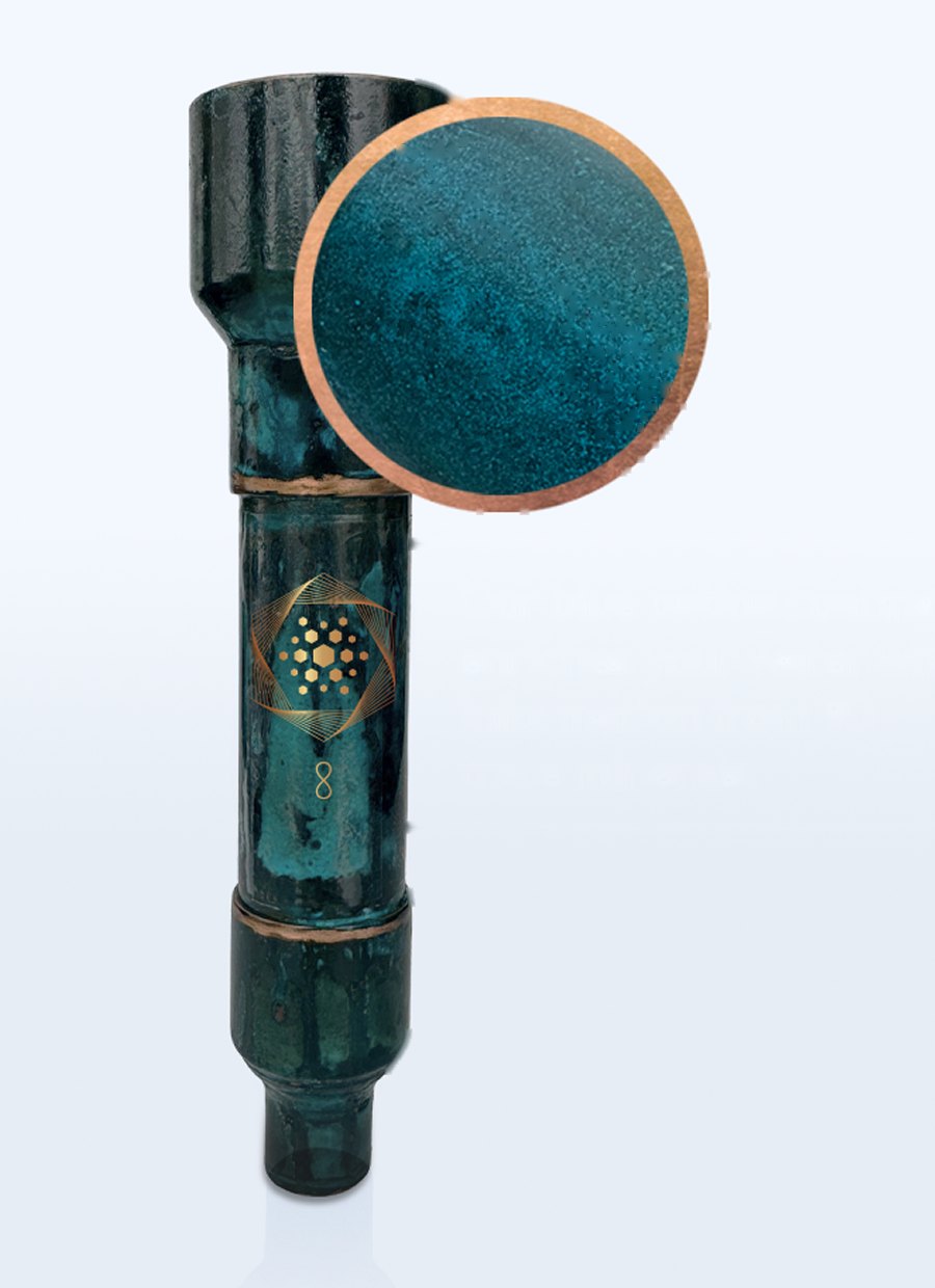 Close-up of the blue mineral patina on the copper body of the Aqua Energizer