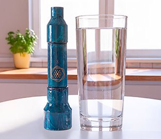 Aqua Energizer On-the-Go beside a glass of fresh water on a kitchen table