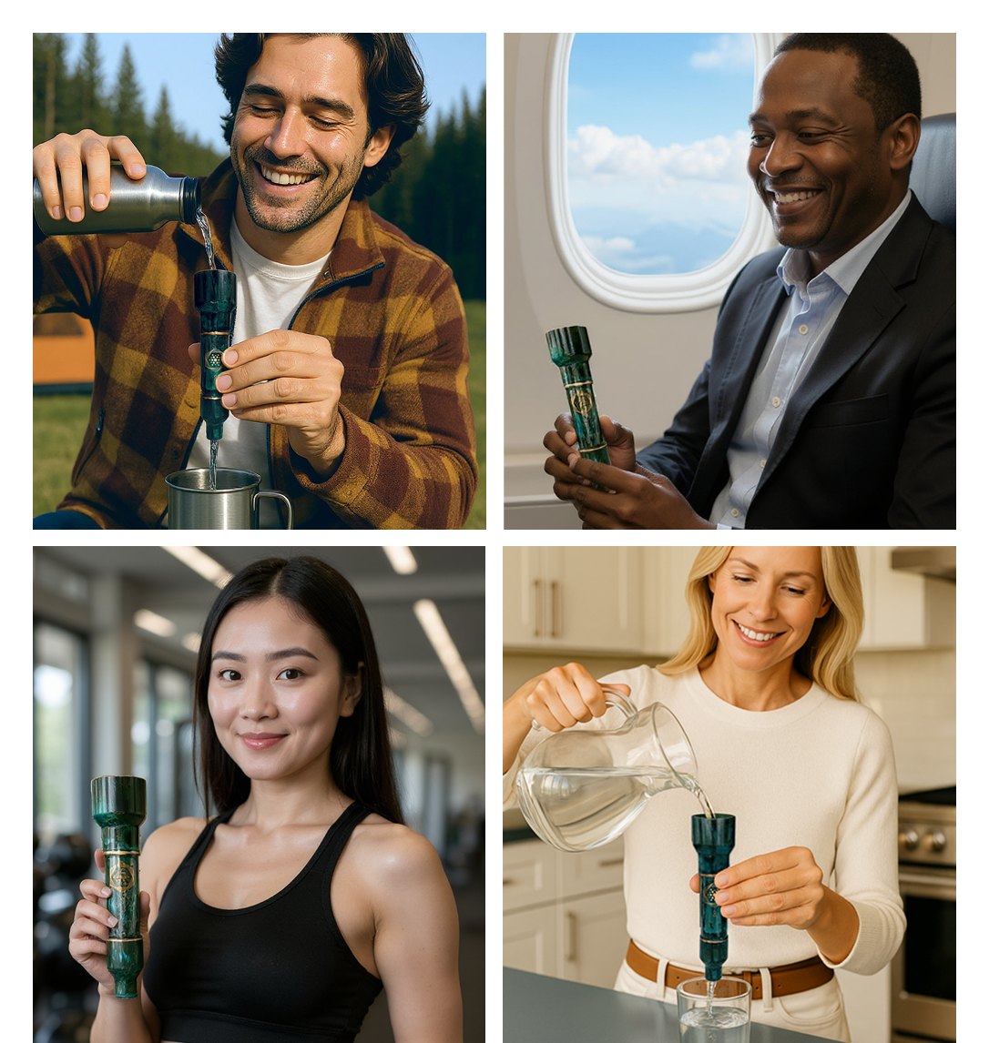 People using the Aqua Energizer On-the-Go outdoors, on a plane, at the gym and at home