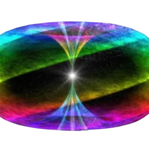 A vibrant, oval-shaped abstract image for Cosmic Tower Bundles by Cosmic Tower features intersecting rainbow lines and a central white light, symbolizing toroidal energy flow and harmonization.