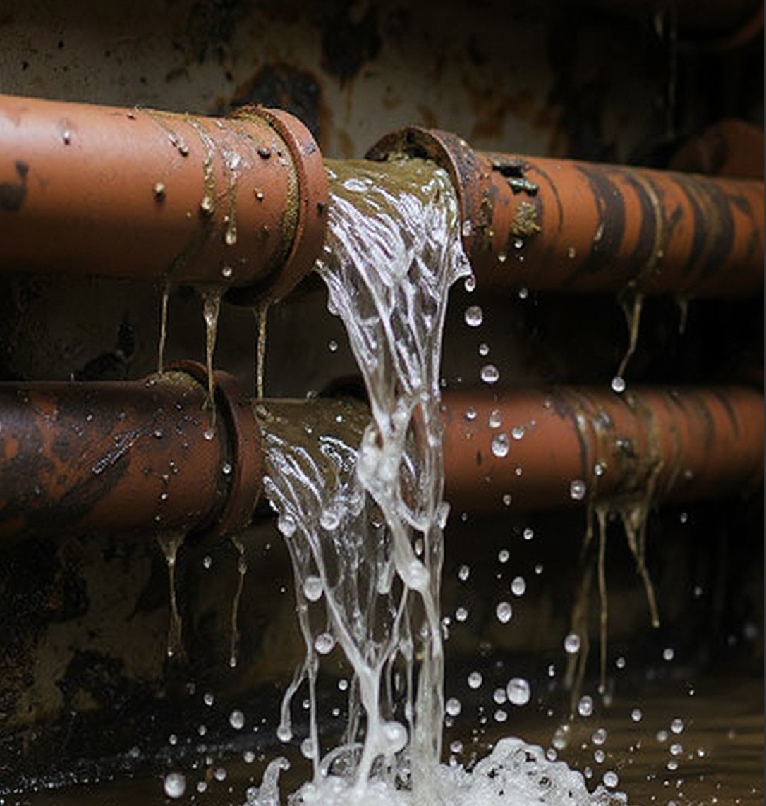 Water gushing out of old rusted pipes