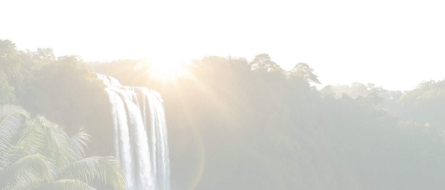 Sunlit tropical waterfall flowing through a rainforest